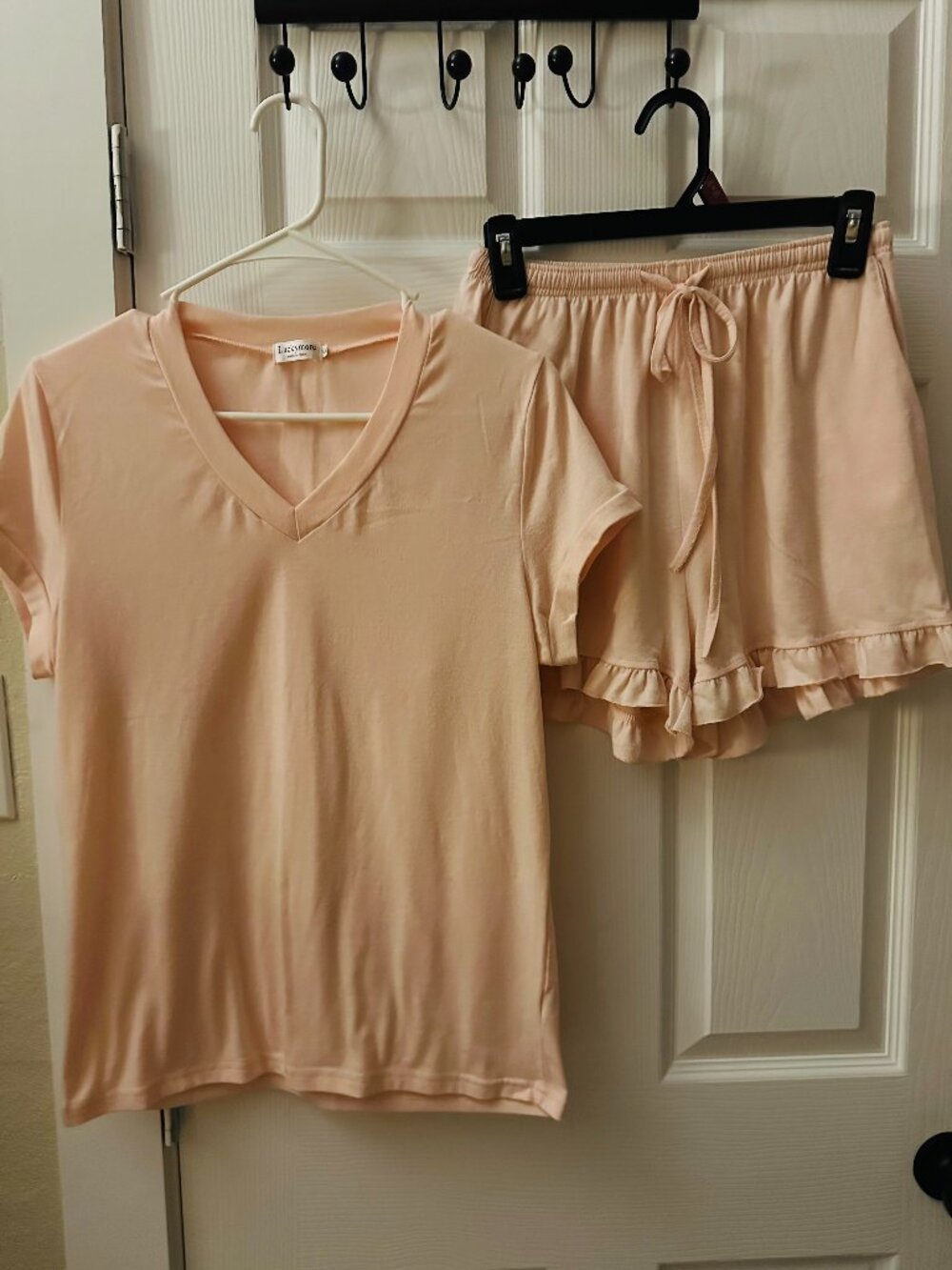 Luckymore Peach Pink Short Sleeve V-Neck Ruffle Shorts Lounge Set Small